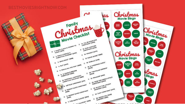 mock up image of family Christmas movies checklist & bingo printable