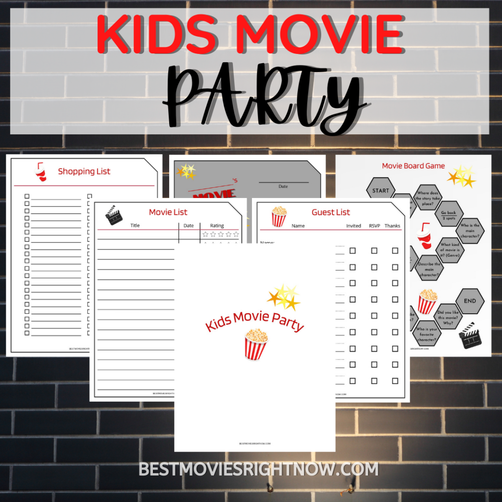 printable mock up with text: "Kids Movie Party"