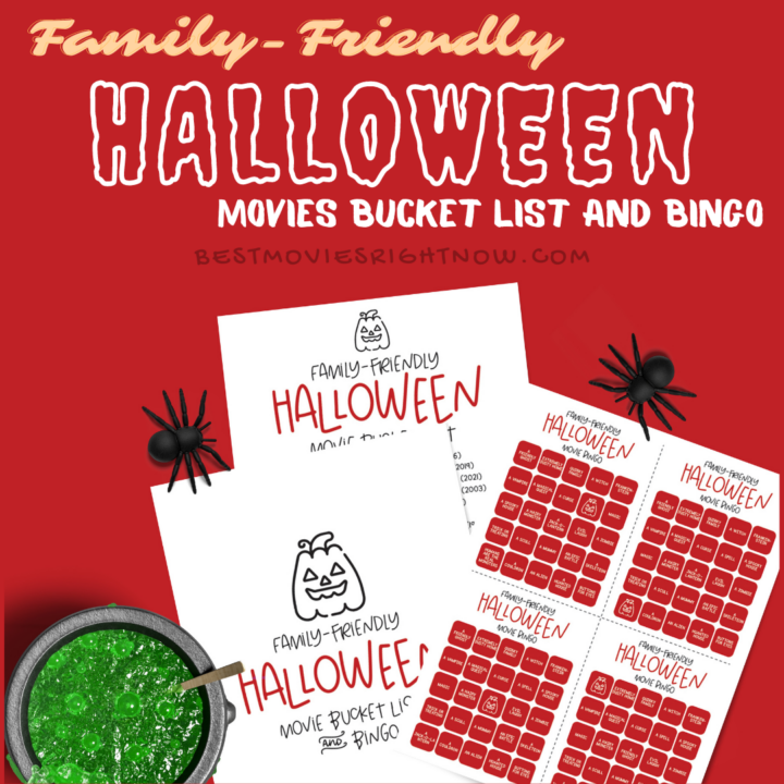 square size image of Family-Friendly Halloween Movies Bucket List & Bingo with text
