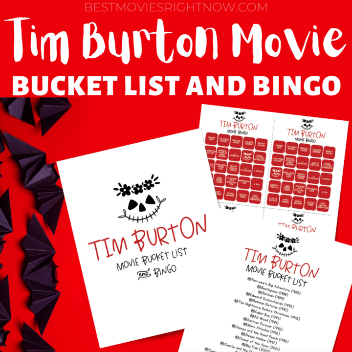 square image of Tim Burton Movie Bucket List and Bingo with text