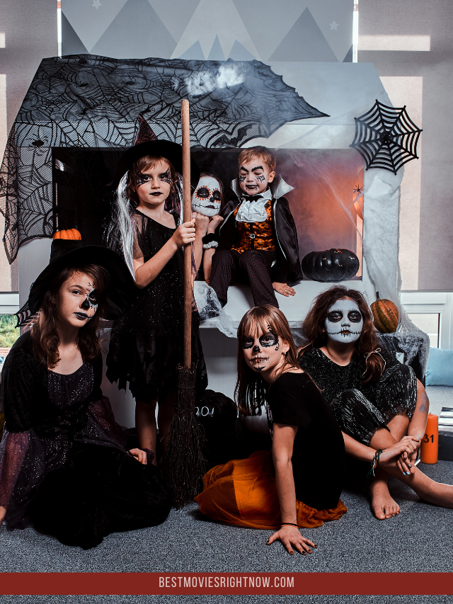 teens and kids wearing halloween costumes