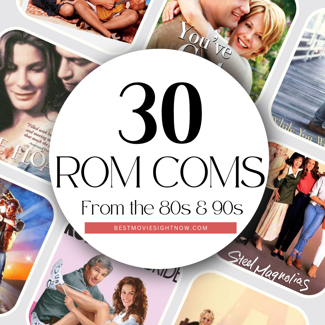 collage image in a square size of rom coms images with text: "Rom coms from the 80s & 90s"