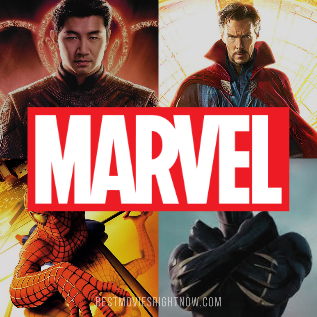 collage image of Marvel movies with the logo Marvel in the middle