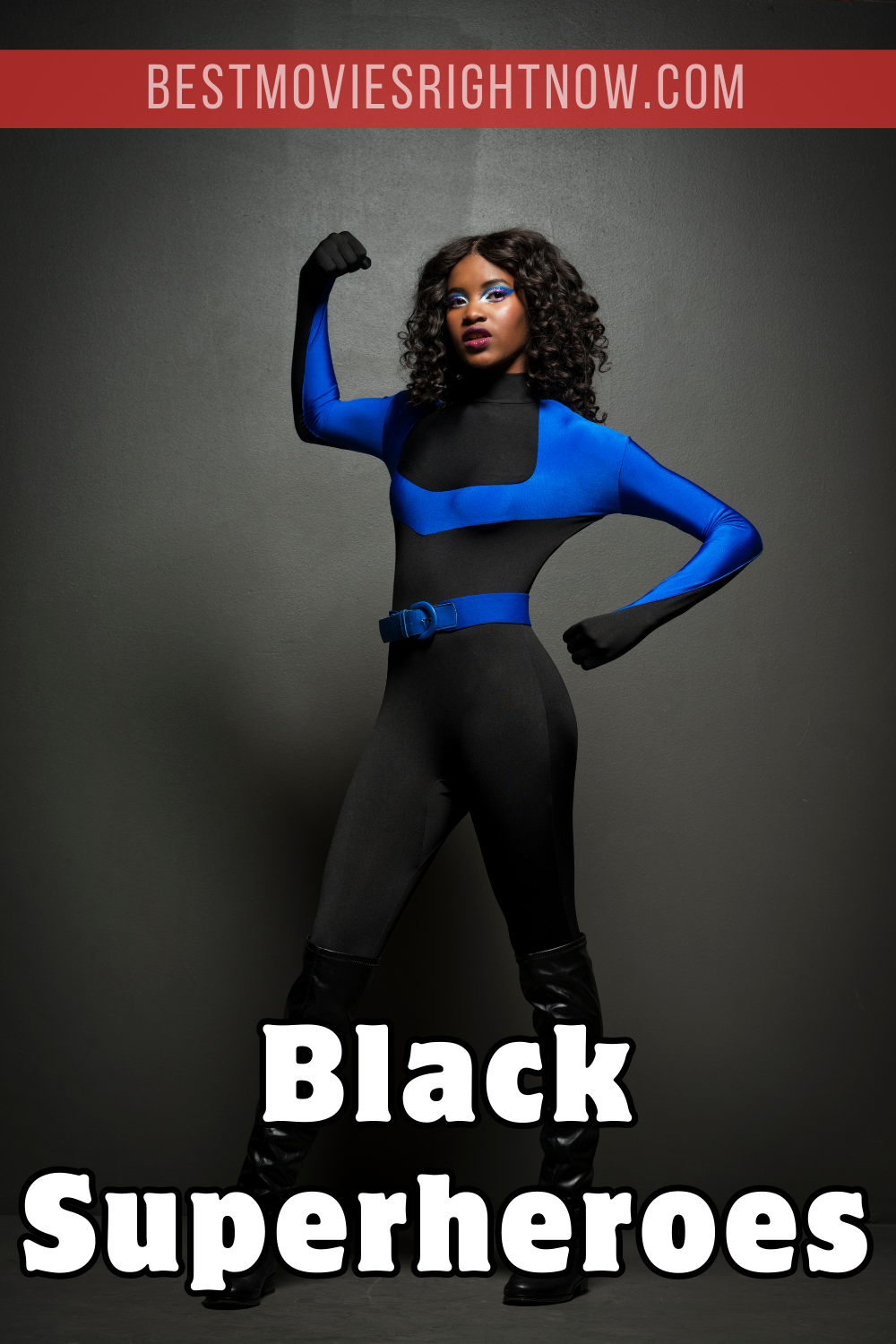 black woman in a super hero suit with text: 