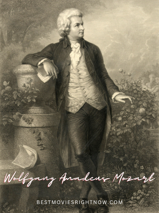 a picture of Mozart at the garden with caption "Wolfgang Amadeus Mozart"