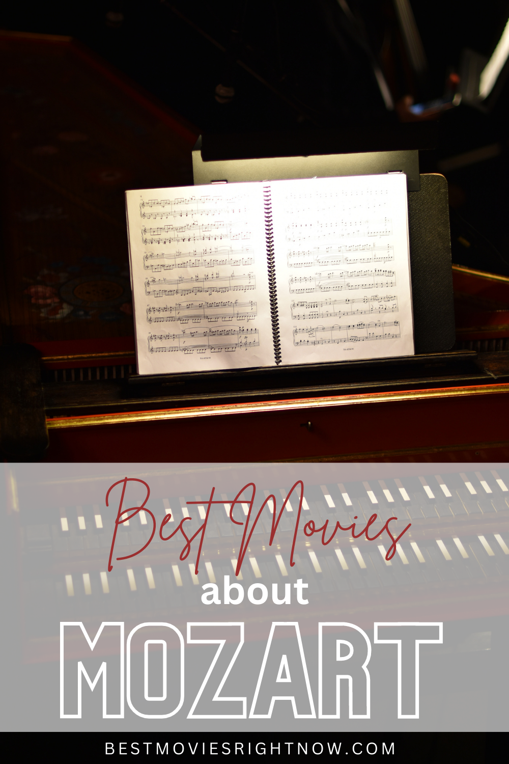 a picture of a piano and a piano chord chart with caption "best movies about Mozart"