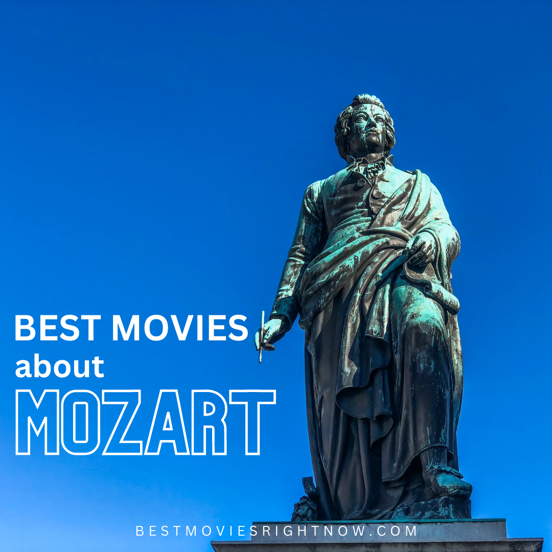 a picture of Mozart's statue along the blue sky with caption "best movies about Mozart"