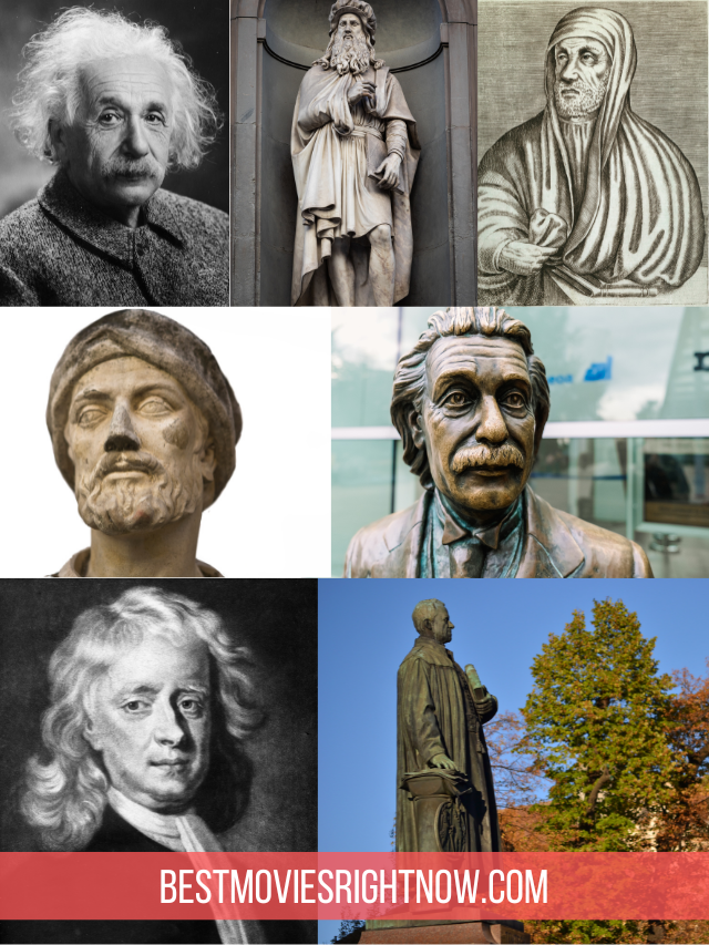 a photo collage of famous scientists