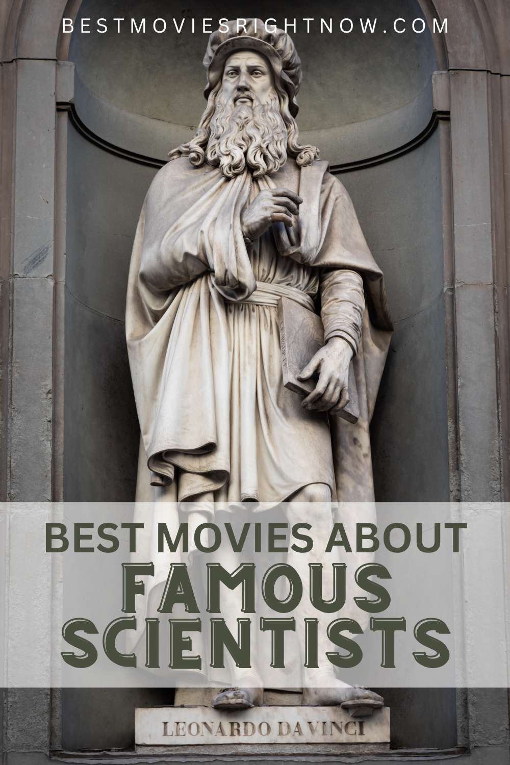a statue of leonardo da vinci with caption "best movies about famous scientists"