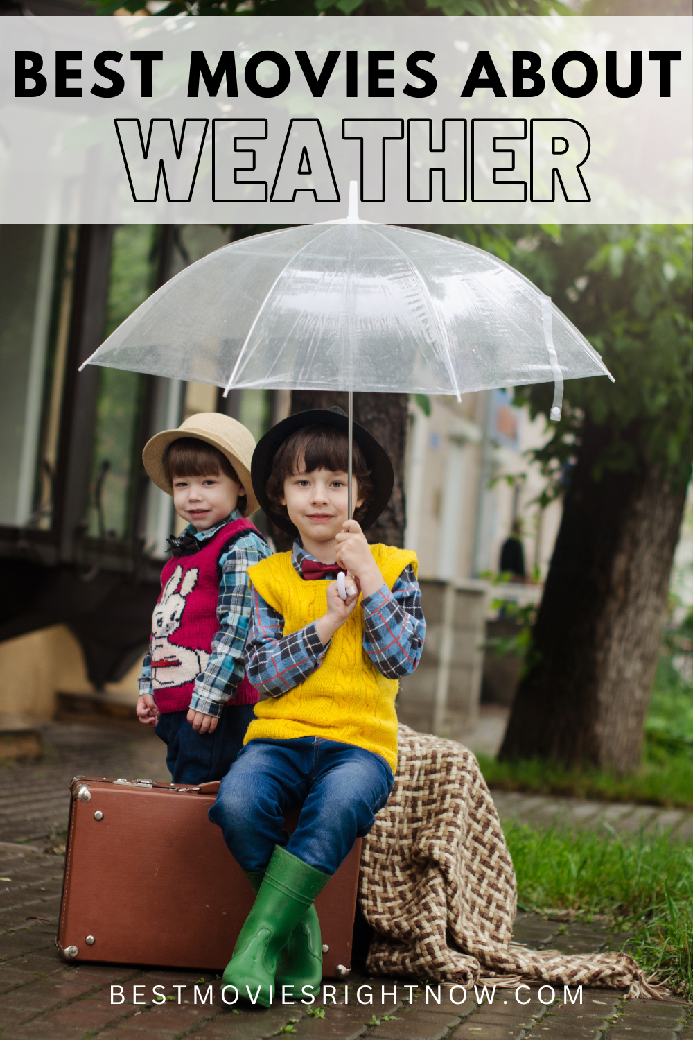 a picture of two kids holding an umbrella on a rainy day with caption 