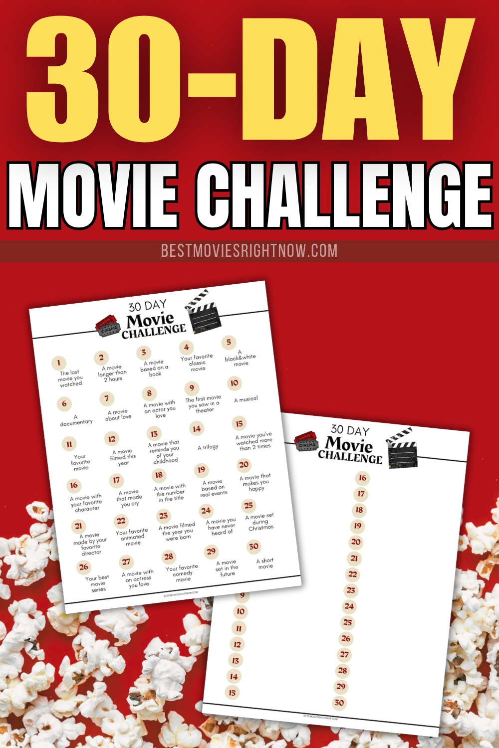a pin size image of 30-movie challenge showing the pages of the printable with text
