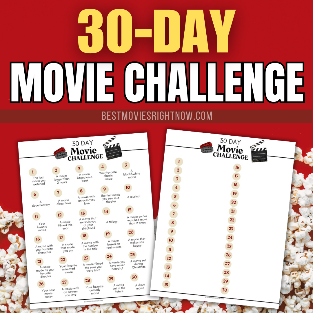 a square sized image of the 30-day movie challenge with text and the images of the printable