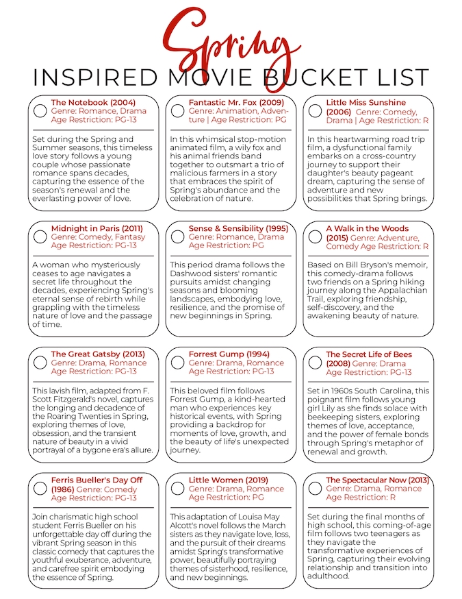 an image of Spring inspired movie bucket list 