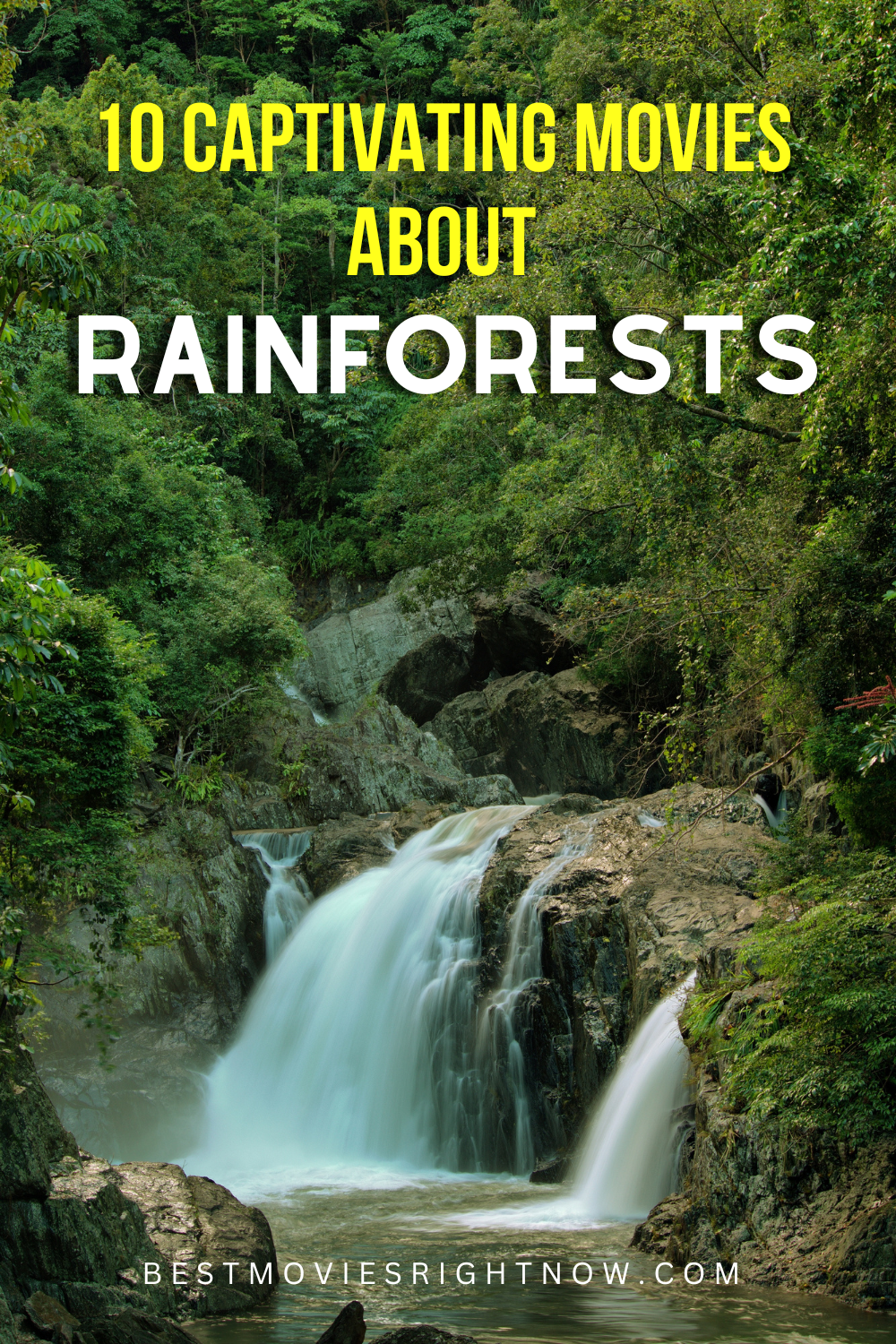 a picture of a falls in rainforest with caption 