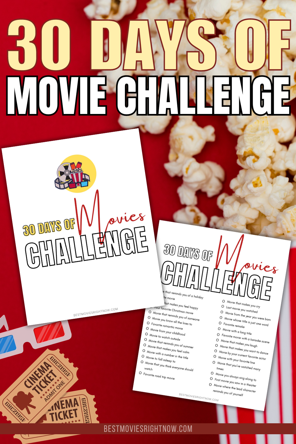 pin sized image of 30 Days of Movies Challenge Printable with text