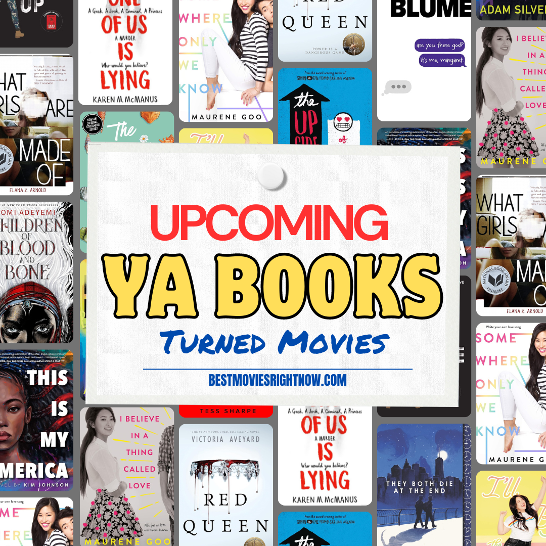 square-sized collage of YA book images with text: "Upcoming YA Books Turned Movies"