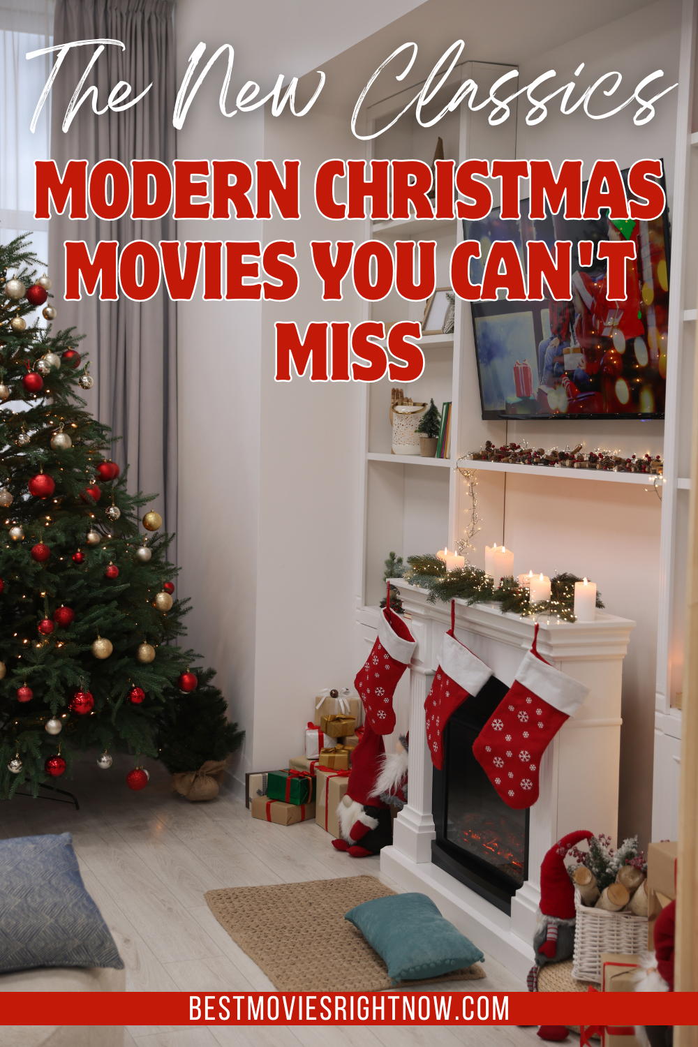 TV Set with Christmas Movie above Fireplace in Cosy Room with text 