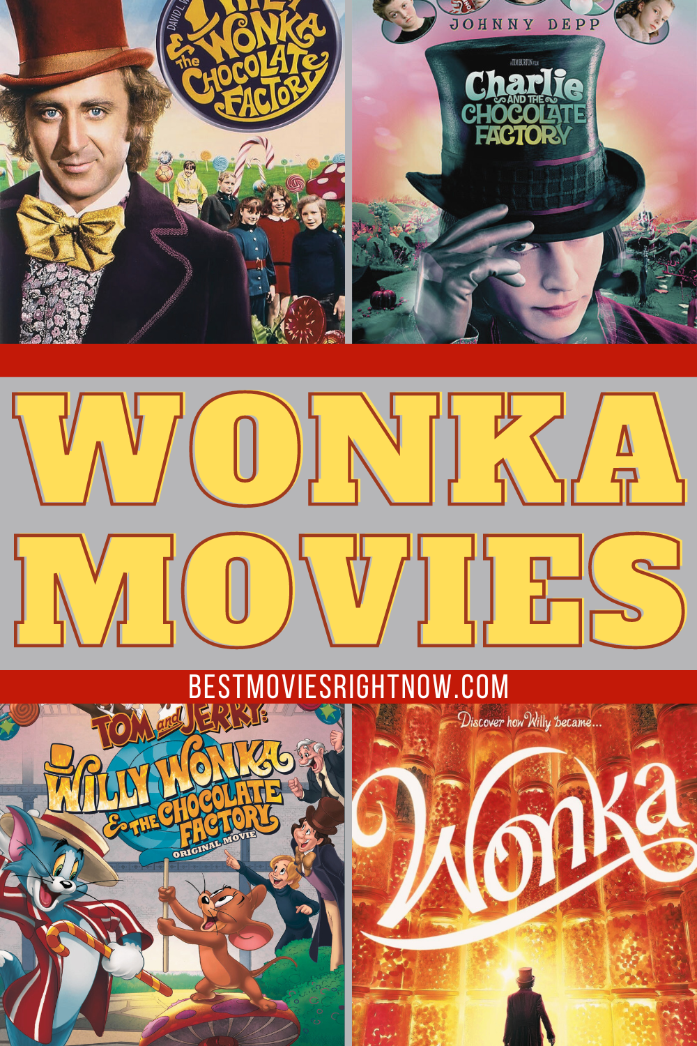 a pin-sized image of the Wonka movies in a collage with text: 