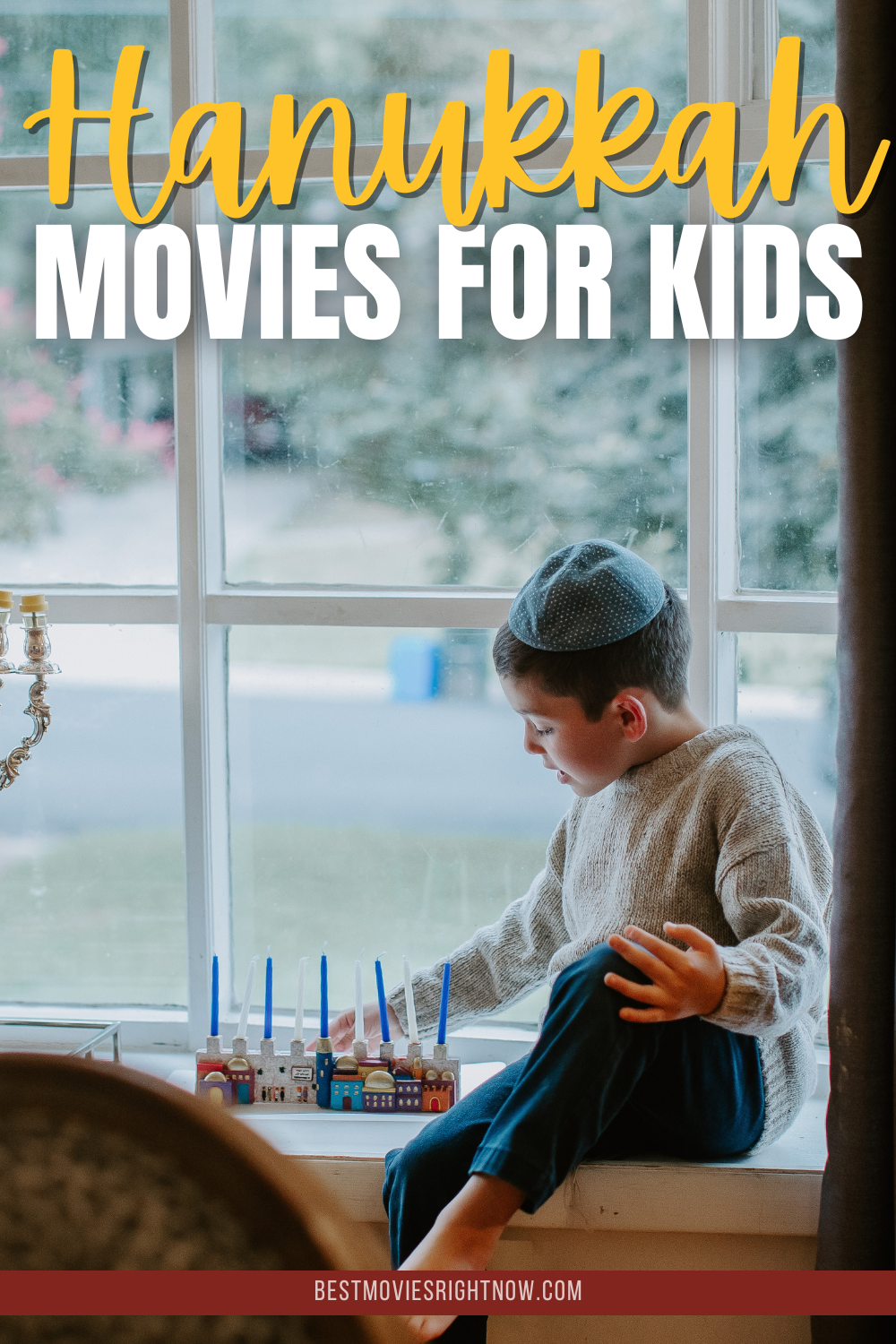 Kid sitting on the window with Hanukkah candle near him with text: 